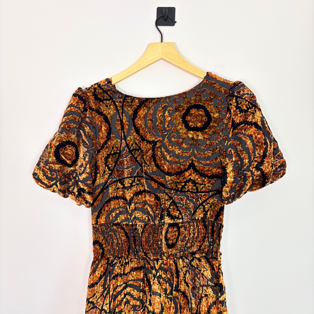 Anthropologie Catalina Burnout Velvet Dress Black Gold Paisley V-Neck Maxi Sz 4 - Picture 11 of 13